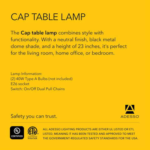 Cap Table Lamp with black dome shade and antique brass finish, ideal for living room, home office, or bedroom decor.