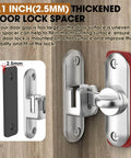 90 And 180 Degree Barn Door Lock And Latch In Zinc Alloy With Rust Proof Coating For Cabinet Bathroom Garage Wooden Fence Pet Gate And Shed Sliding Flip Lock Hardware Includes A Two And A Half Millimeter Spacer 2 Pack, close-up view with spacer on wooden surface.