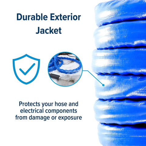 Close-up of 12 Foot Heated Drinking Water Hose With Freeze Protection Down To Minus 40 Degrees, showing its durable exterior jacket.