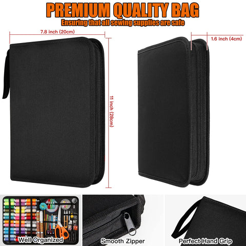 Travel Sewing Kit for Adults with 200 Plus Accessories including 43XL Thread shown in premium quality black bag