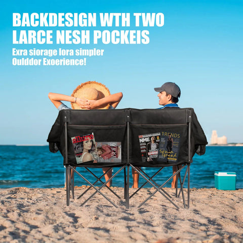 Heavy Duty Double Camping Chair For Two Adults 650 Lbs Capacity on beach with two large mesh pockets on back