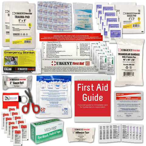 Urgent First Aid OSHA/ANSI 25-person kit refill contents set with trauma pads, gauze, bandages, tape, gloves, blanket