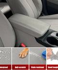Center Console Armrest Cover Upholstery For Hyundai Sonata 2015-2019, Custom Fit Vinyl Leather With French Double Stitching, Anti-Scratch Gray Lid Replacement in car interior with waterproof, anti-scratch, stain-resistant features displayed.