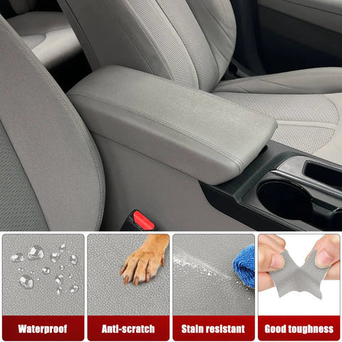 Center Console Armrest Cover Upholstery For Hyundai Sonata 2015-2019, Custom Fit Vinyl Leather With French Double Stitching, Anti-Scratch Gray Lid Replacement in car interior with waterproof, anti-scratch, stain-resistant features displayed.
