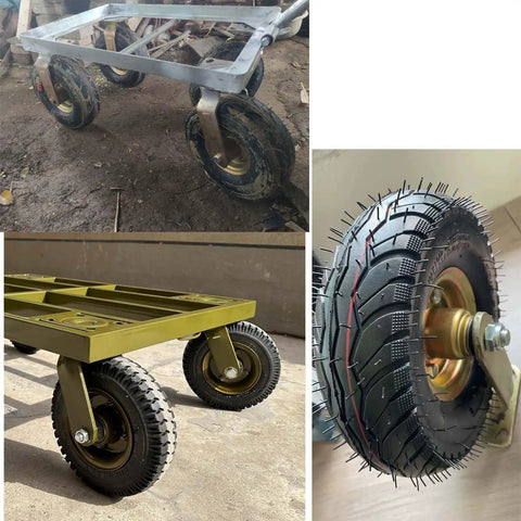 Heavy Duty Industrial Swivel Caster Wheels with Badass Rubber Replacement Tires on rolling cart frame, puncture resistant.
