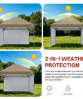 Boss Level 8X8 Pop Up Canopy Tent With Two Full Sidewalls For All Weather Shade Rock Solid Khaki Frame shown with removable sidewalls.