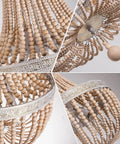 Close-up detail of Six Light Farmhouse Boho Wood Bead Chandelier Modern Natural Wooden Beaded Pendant Light Fixture E12