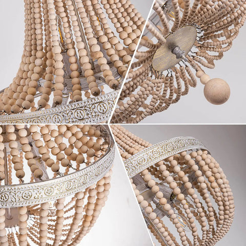 Close-up detail of Six Light Farmhouse Boho Wood Bead Chandelier Modern Natural Wooden Beaded Pendant Light Fixture E12
