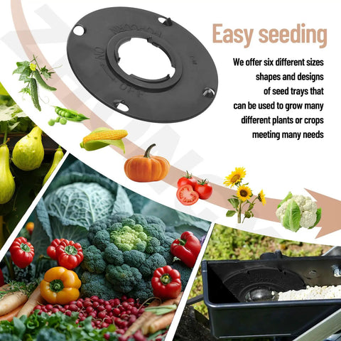 12 Piece Standard Seed Plate Set For 1001B Garden Seeder Includes Light Carrot Lima Bean Popcorn Cucumber Seed Plates Broccoli And Blank Customizable Plate Perfect For Precise Spacing And Seed Depth In The Soil, shown with vegetables and seeder