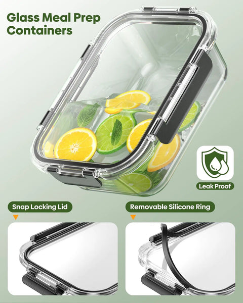 Glass meal prep container with snap locking lid and silicone ring, part of 40 Piece Borosilicate Glass Food Storage Set With Lids, Leak Proof And BPA Free, Reusable Containers For Meal Prep And Kitchen Organization, Stacks Easy And Keeps Food Fresh Like A Boss, filled with lemon slices.