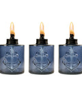Blue Glass Tabletop Patio Torch Lights Set Of 3 Refillable Garden Lanterns featuring anchor design, ideal for outdoor ambiance.