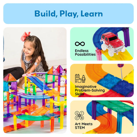 150 Piece Race Car Track Magnetic Tile Building Set For Kids With 4 Cars featuring bridges, ramps, and colorful tracks