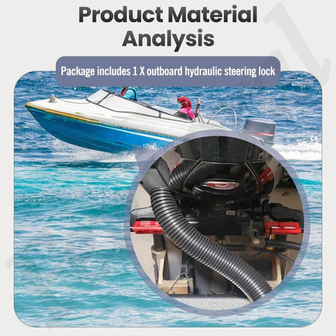 Red Hydraulic Steering Lock For Outboard Motors, Secure Tow Ready Transom Saver installed on outboard motor for safety during transport.