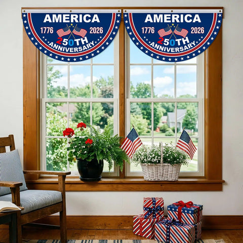 250th Anniversary American Flag Bunting Set, Two Pieces 1.5 By 3 Feet, 1776 To 2026 Patriotic Banner in window display