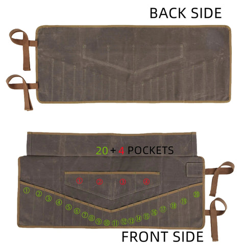 Heavy Duty Waxed Canvas Tool Roll Bag With 24 Pockets Roll Up Pouch For Wrenches And Tools Waterproof 16oz Canvas back and front view