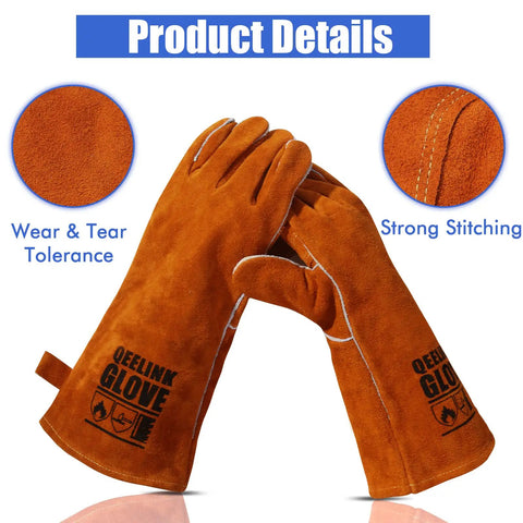 Heavy Duty Heat Resistant Leather Welding Gloves With Fireproof Stitching For Welders Fireplace BBQ And Gardening Durable Full Cow Split Leather Back Comfy Fit Than Rigid Gloves CE EN388 EN407 Certified, front view showing pair of gloves with stitching details.