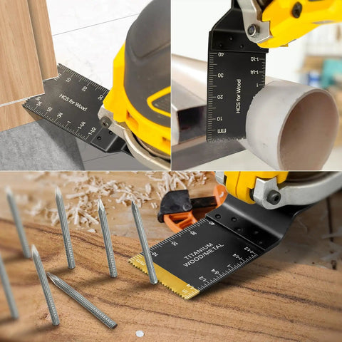 55 Piece Oscillating Tool Blade Kit With Quick Release Universal Blades in use for cutting wood, plastic, and metal pipes.