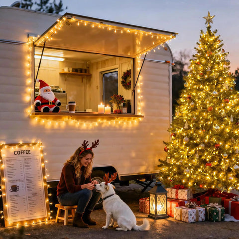 168Ft Outdoor LED String Lights With 600 Warm White LEDs Clear Wire Waterproof Plug In For Patio Garden Pergola Tree Decor Wedding Party Holidays Christmas Bedroom Vibes illuminating a food truck and Christmas tree
