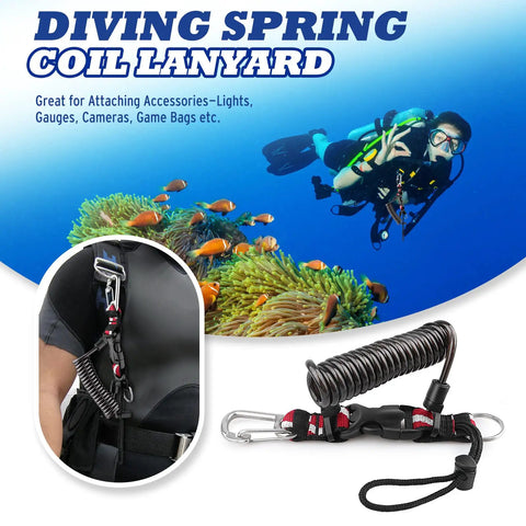 Diver using Coiled Lanyard for Scuba Gear with Heavy Duty Stainless Steel Core and TPU Shell Tough as Nails Retractable Safety Cord