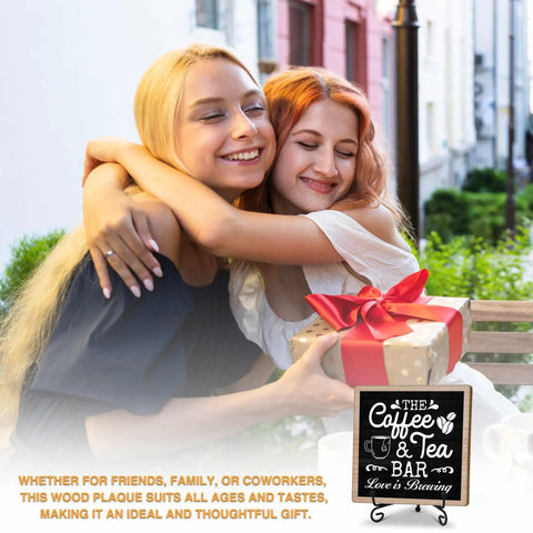 Chill Coffee And Tea Bar Decor Sign Set For Kitchen Or Desk Wooden Tea Station Accessories And Table Decor Themed Gift Idea Includes Sturdy Iron Stand For Easy Display with hugging friends in background