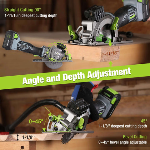 WORKPRO 20V cordless mini circular saw with 4-1/2in blade, laser guide and green accents, battery and charger shown