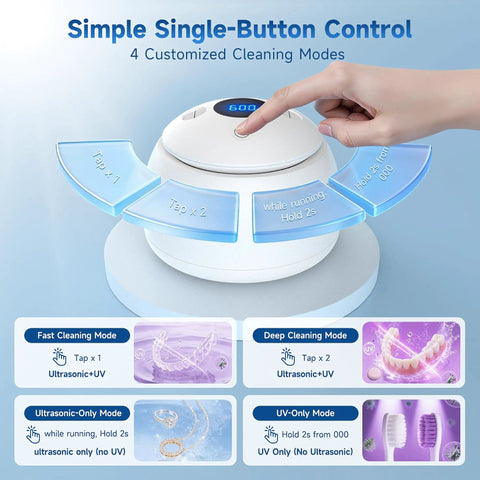 Ultrasonic retainer cleaner control panel showing cleaning modes, simple single-button operation for daily use.