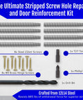 Heavy Duty 8 Pack Permanent Stripped Screw Hole Repair Kit For Door Hinges with steel screws and drill bits.