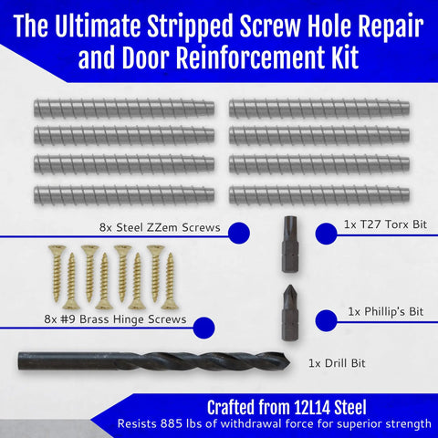 Heavy Duty 8 Pack Permanent Stripped Screw Hole Repair Kit For Door Hinges with steel screws and drill bits.
