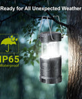 Ultra Bright LED Camping Lanterns 4 Pack For Power Outages With 3 Color Modes And Dimmable Battery Power hanging in rain on tree
