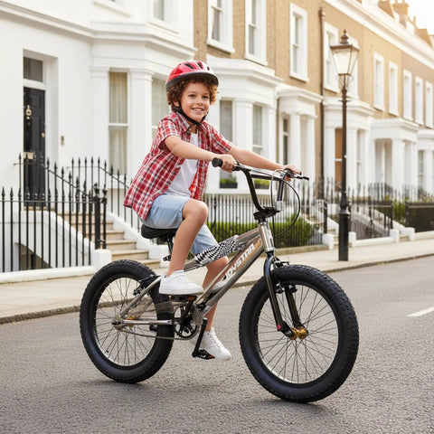 Child riding 20 Inch Kids Bike For Boys And Girls Aged 7 To 10 With High Carbon Steel Frame BMX Style Kid Friendly Youth Bicycle Kickstand Silver