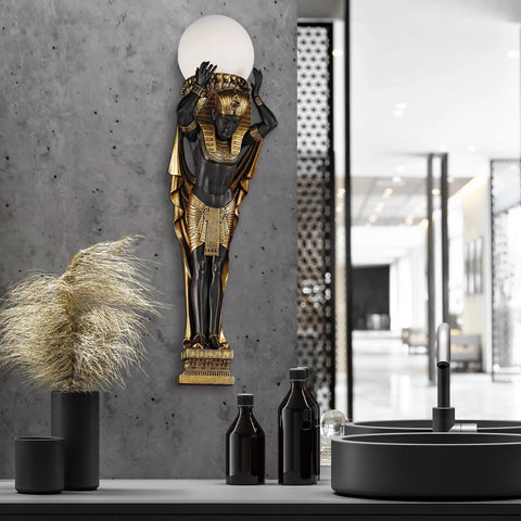 Bold Egyptian Telamon Sconce Light In Black And Gold With Glass Orb Shade Regal Neoclassical Wall Lamp for Hallways