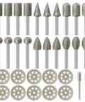 32 Piece Diamond Burr Set For Rotary Tools Pro Grade Diamond Grinding Bits Grab-And-Go 1/8 Inch Shank with burrs and wheels displayed