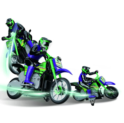 Crosslander RC18 Electric Motocross Bike With 2.4 GHz Radio Control showing epic light effects and crazy skids in motion