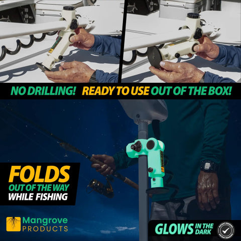 Built Tough Adjustable Trolling Motor Stabilizer Bracket With Vertical Adjustment And Shock Absorption, Hassle Free No Drill Install For Minn Kota Rhodan Garmin Boats, Ride Smooth Outboard Support, showing hands-on installation and glowing feature.
