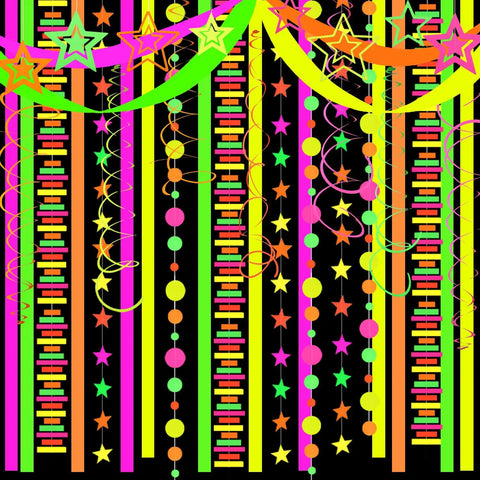 60 Feet UV Neon Streamers Glow Garland Kit For Parties And Events Hanging Blacklight Reactive Decor Glow In The Dark Neon Theme Supplies Ideal For Birthday Weddings 6 Pieces Of Luminous Neon Garlands Lit displaying colorful glowing stars and stripes