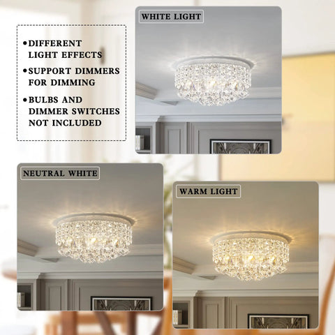 Four Light Crystal Chandelier With Modern Drum Ceiling Light Fixture showing white, neutral, and warm light effects