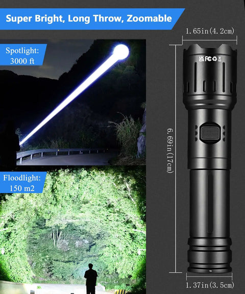 Ultra Bright 990000 Lumen USB Rechargeable Flashlight with zoomable beam shown in spotlight and floodlight modes for tactical use.