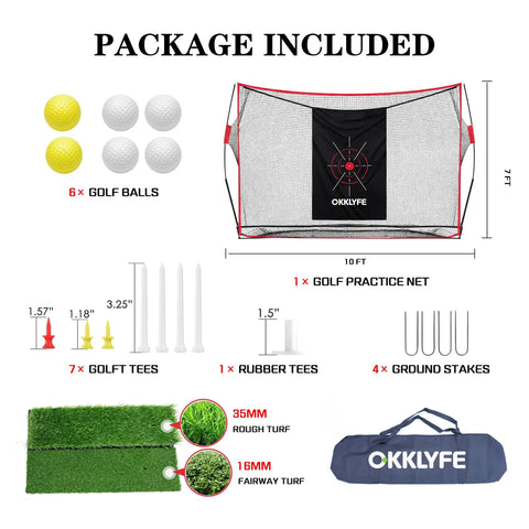 10x7ft Golf Net With Target Cloth And Dual Turf Mats, Includes 6 Balls, 8 Tees, Carry Bag For Indoor Outdoor Practice package overview