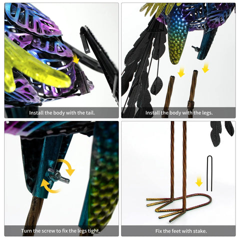Assembly steps for Two Pack Solar Peacock Garden Decor Lights Metal Peacocks Statue With LED Lighting Waterproof Outdoor Yard Art.