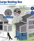Mobile Chicken Coop With Run And Wheels, grey duplex hen house with large nesting box, predator-proof features and ventilation