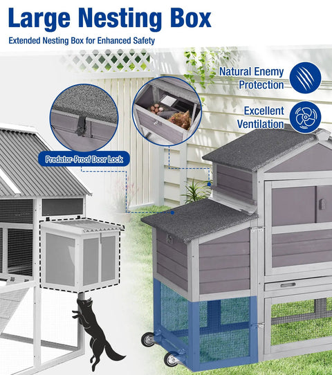 Mobile Chicken Coop With Run And Wheels, grey duplex hen house with large nesting box, predator-proof features and ventilation