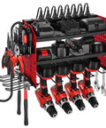 Power Tool Organizer With Charging Station And 3 Tier Drill Storage, Four Drill Slots And Side Pegboard, Built In Eight Outlet Power Strip For Garage Workbench And Workshop, Wall Mounted Tool Rack For Quick Grab And Easy Access, shown from front with tools.