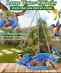Two Pack Hanging Bird Baths For Outdoors with 11-inch metal bowl, rust-proof stainless steel chains, flower shape, showing birds.
