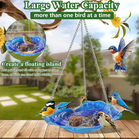 Two Pack Hanging Bird Baths For Outdoors with 11-inch metal bowl, rust-proof stainless steel chains, flower shape, showing birds.
