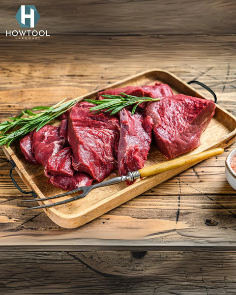 Oil Rubbed Black Utility Tray Pulls 10 Pack With Screws Durable Die Cast Hardware holding tray with raw meat and herbs on wooden table.