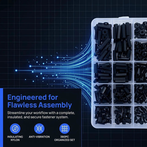 Badass Black Nylon Hex Standoff Hardware Kit With Tight Screws Nuts And Washers Plus Slick Storage Case For Electronic Builds and organized set display.