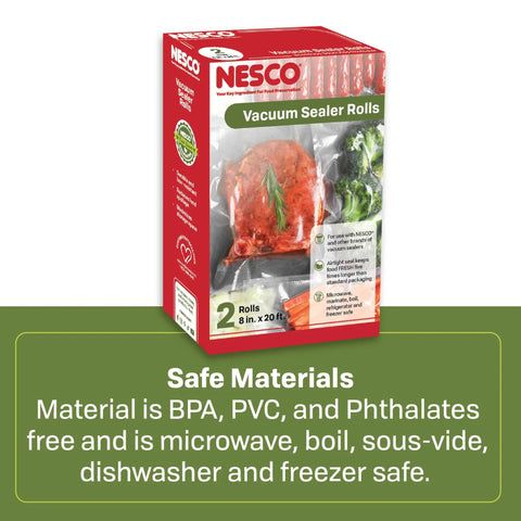 Box of liquid-friendly vacuum sealer bags showing 8 in x 20 ft rolls, microwave and sous-vide safe, BPA-free materials