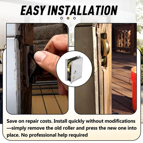 Close-up of sliding patio door rollers 2-pack installation for Pella doors, showcasing the corrosion-resistant hardware.
