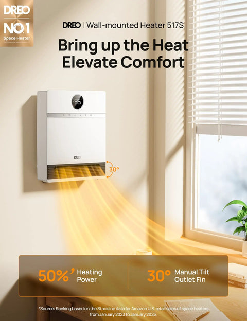 Smart Wall Heater With Alexa, Quiet PTC Space Heater For Indoor Use, 30 Degree Oscillation, Adjustable Thermostat, installed on wall