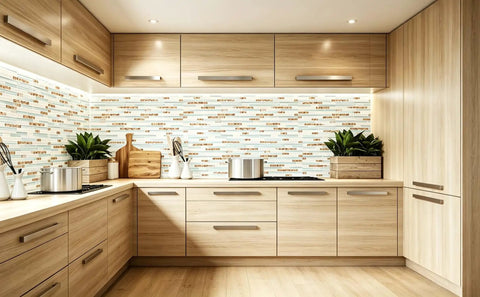 Modern kitchen backsplash with Beachy Coastal Vibe Tile With Real Seashells Inside Conch Inlay Lake Green Crystal Glass Mosaic.